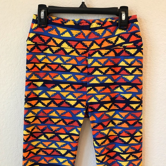 Lularoe Leggings Tights One Size Triangle Print Fall Colors Orange Yellow Blue - Picture 4 of 10